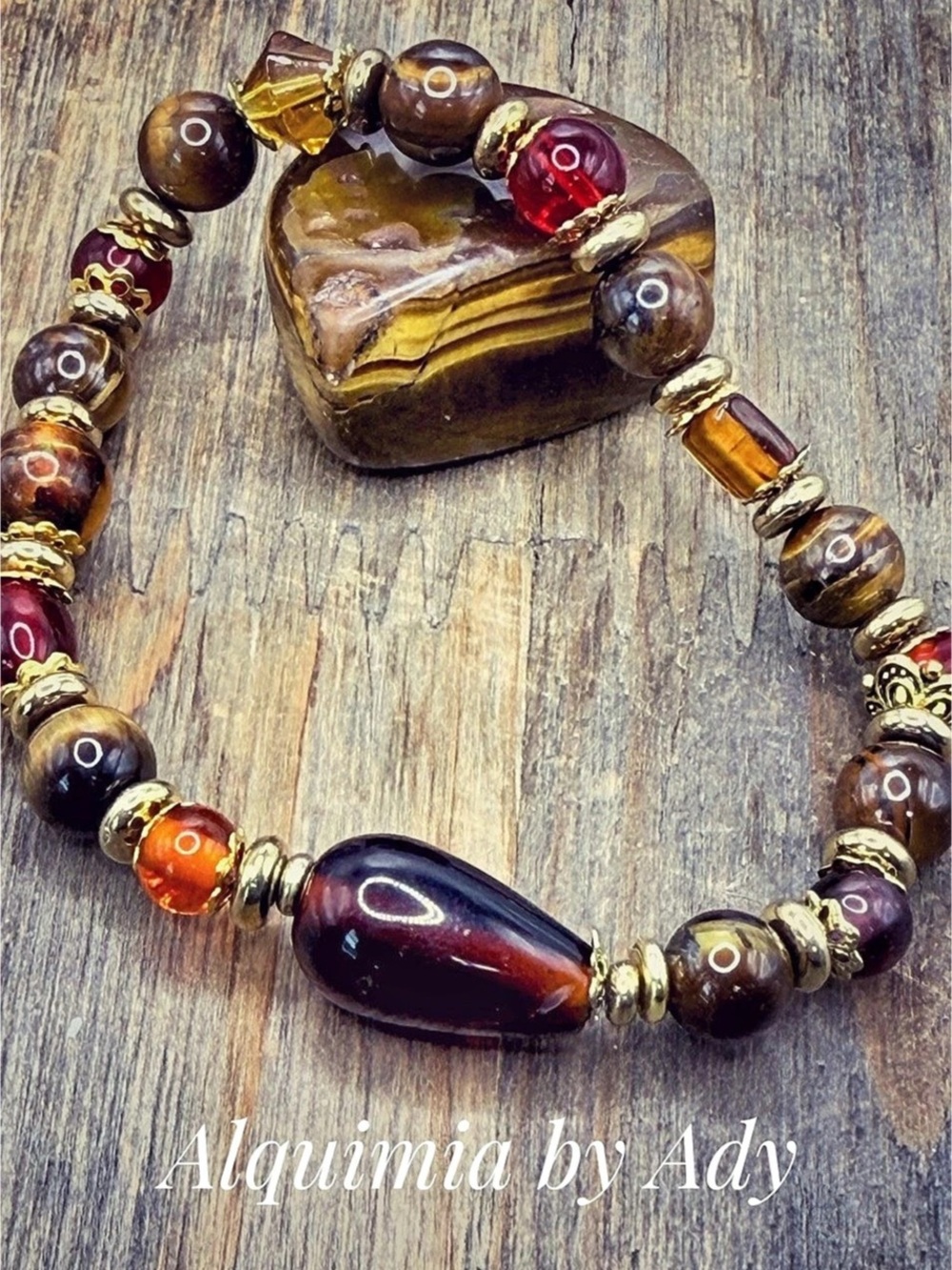 Handmade Beaded Statement bracelet in Brown & Purple | Tigers eye